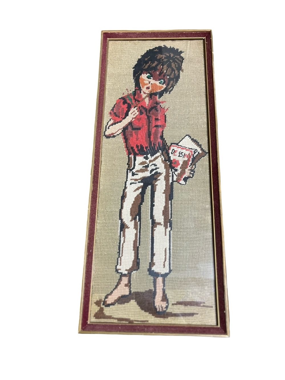 Vtg DMC Big Eye Girl Boy Wool Needlepoint Dorm Cottage School Design